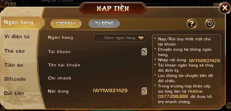 Hướng dẫn nạp tiền Iwin